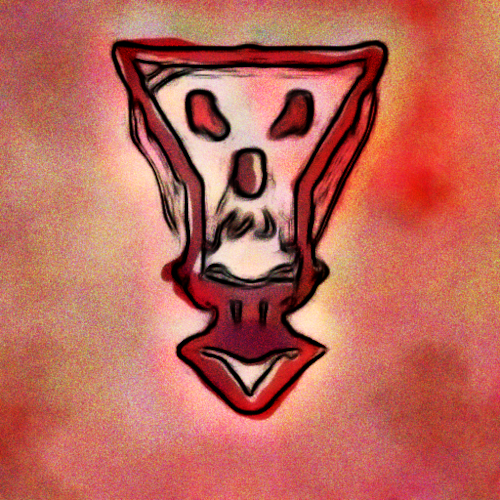 an abtract mostly red background, with an abstract representation of an angry-looking dog's face in a sort of downward arrow